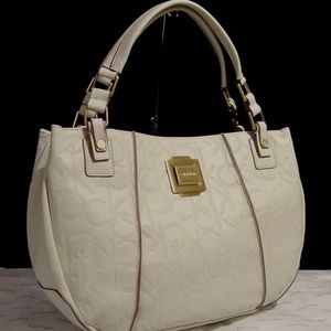 NEW Calvin Klein Women's White Logo Debossed Large Round Tote Bag Handbag Purse